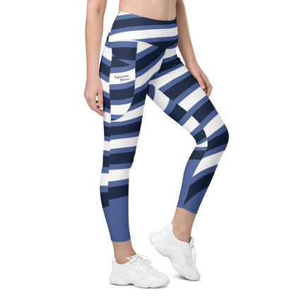 Blue & White Waves Leggings With Pockets - Trump Tees