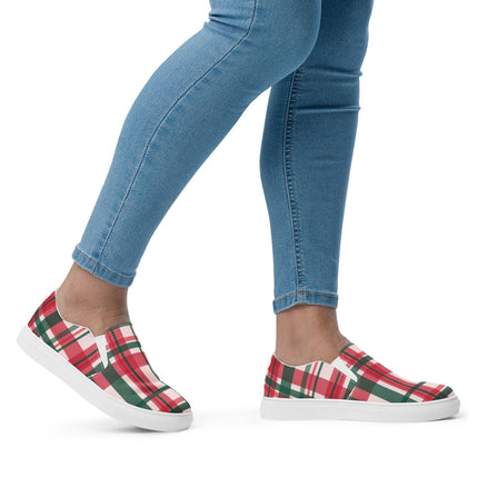 Red & Green Plaid Women’s slip - on canvas shoes - Trump Tees