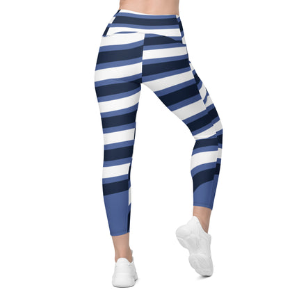 Blue & White Waves Leggings With Pockets
