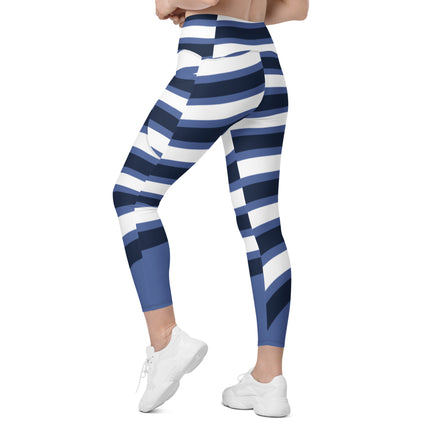 Blue & White Waves Leggings With Pockets
