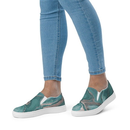 Marbled Teal Women’s slip-on canvas shoes